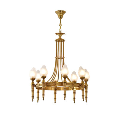 Genevieve Classic 8-Light Chandelier in Brass and Glass with Circular Ring and Crystal Torches