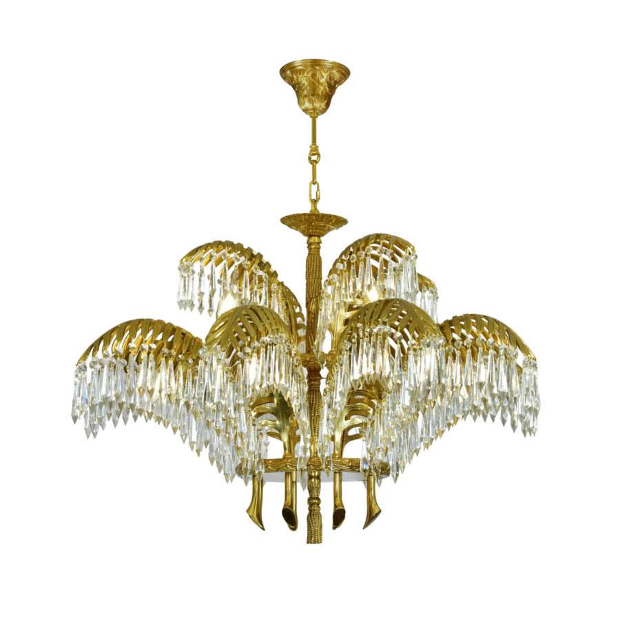 Henriette Palm and Rope Motif 12-Light Chandelier in Brass with Crystal Drops