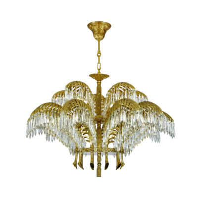 Henriette Majestic 15-Light Chandelier in Brass with Crystal Drops and Palm Motif