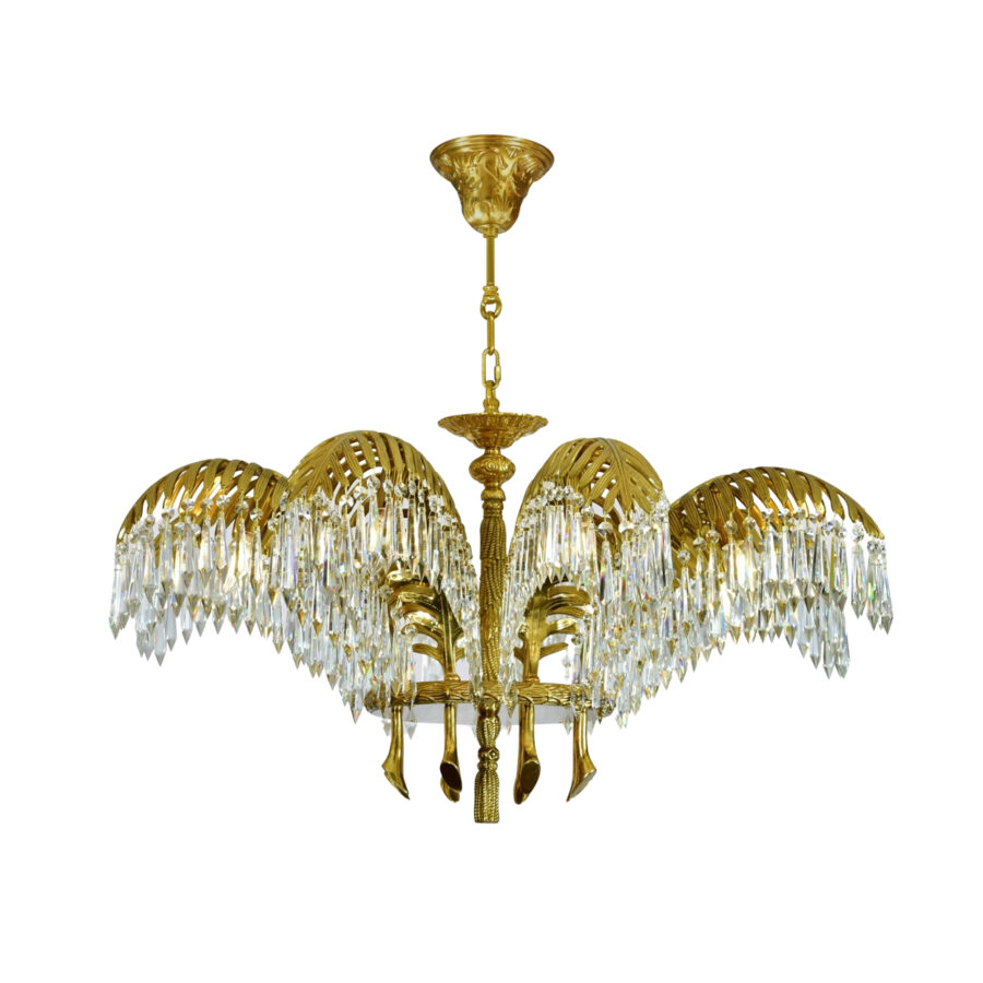 Henriette Palm and Rope Motif 8-Light Chandelier in Brass with Crystal Drops