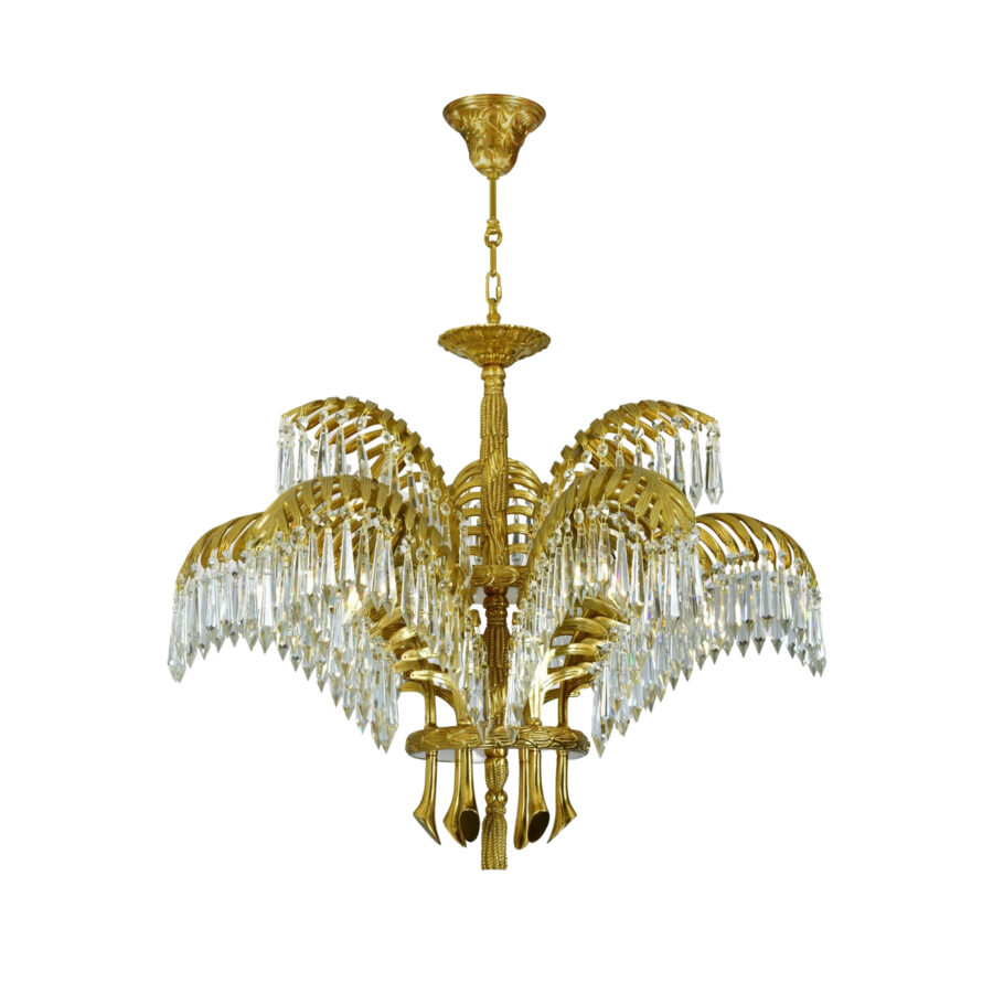 Henriette Opulent 9-Light Chandelier with Crystal Drops in Brass Palm and Rope Motif