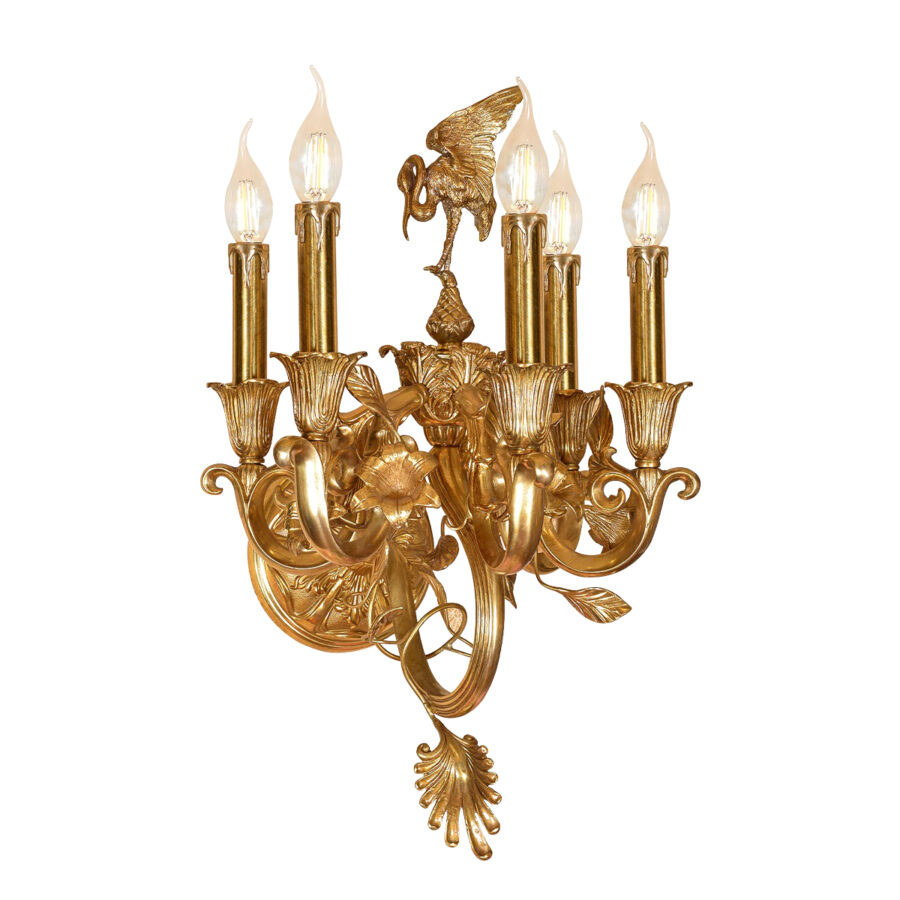 Isabeau Ornate 5-Light Wall Lamp with Crane Figurine in Brass