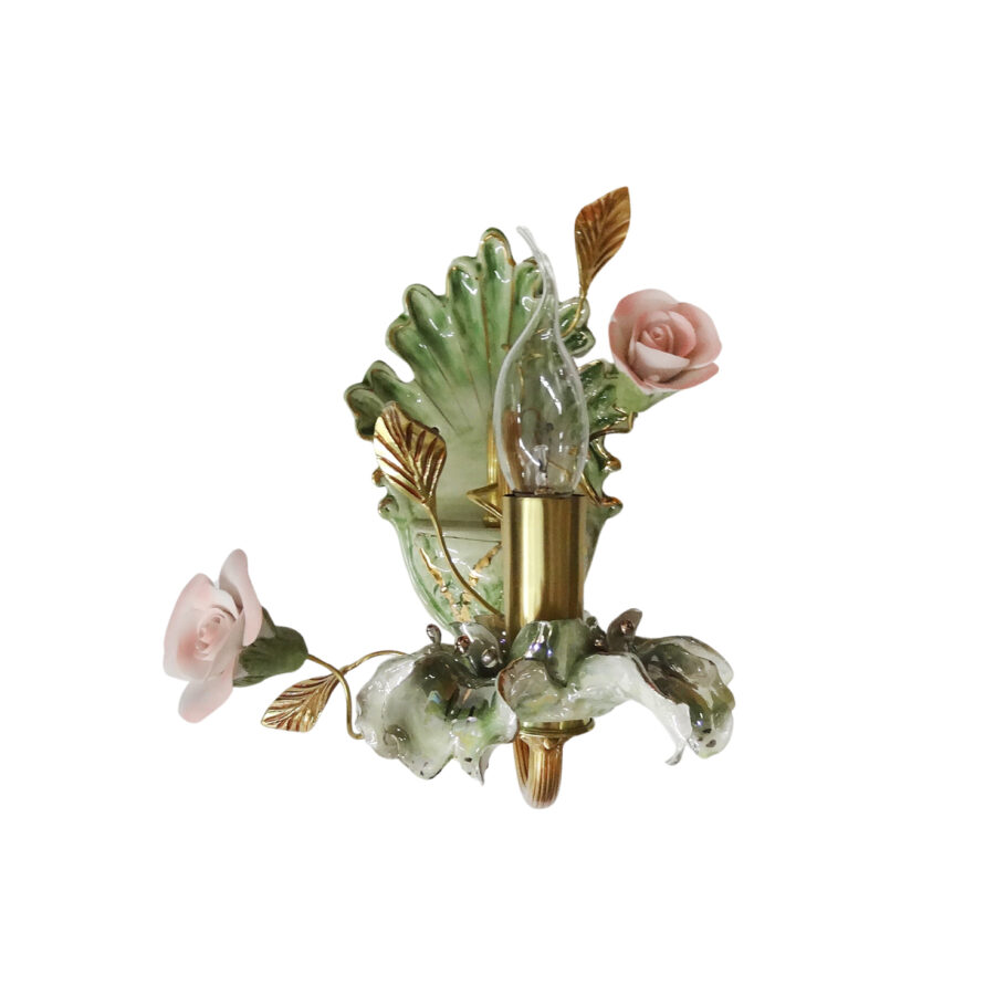 Isabella Floral Ceramics 1-Light Wall Lamp in Brass with Pink Roses and Leaf Details