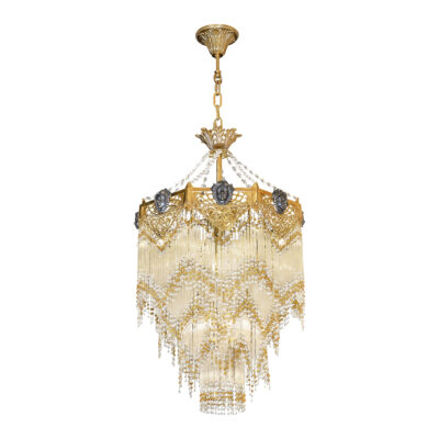 Isabelle Art Deco 8-Light Chandelier in Brass and Glass Rod with Crystal and Bead Drape and Heroine Face Detail