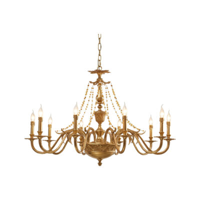 Jacqueline Ornate 10-Light Chandelier in Brass with Crystal Beaded Drape Candle Effect