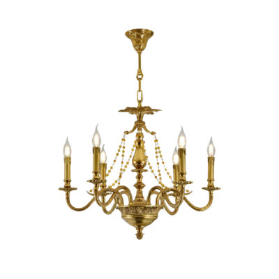 Jacqueline Ornate 6-Light Chandelier in Brass with Crystal Beaded Drape and Candle Effect