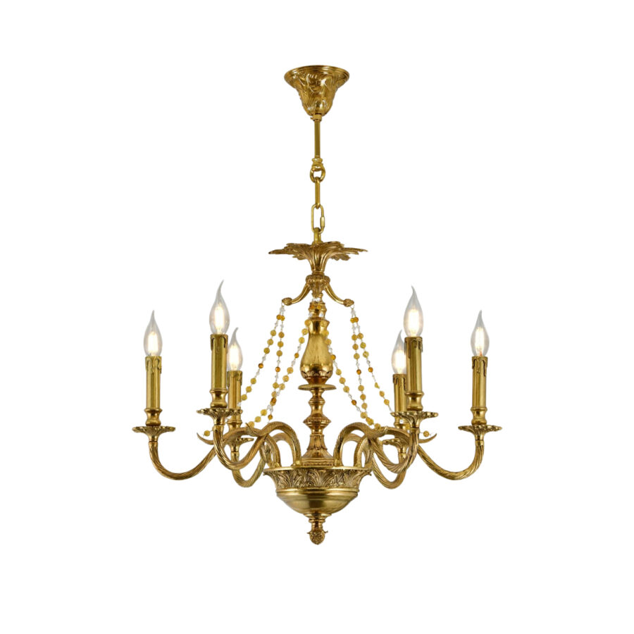 Jacqueline Ornate 6-Light Chandelier in Brass with Crystal Beaded Drape and Candle Effect