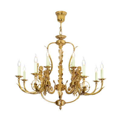 Juliette Ornate 12-Light Chandelier with Candle Effect, Leaf Motif, and Cherub Detailing in Brass