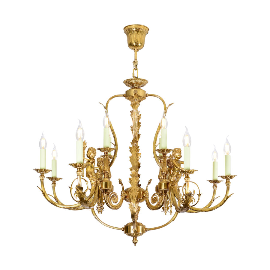 Juliette Ornate 12-Light Chandelier with Candle Effect, Leaf Motif, and Cherub Detailing in Brass