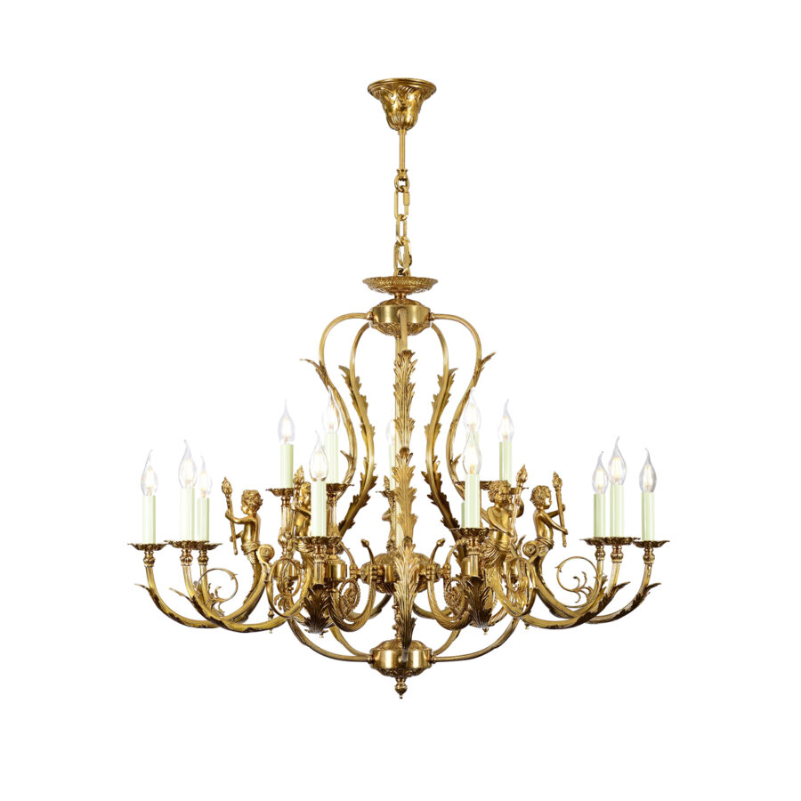 Juliette Regal Candle Effect 15-Light Chandelier in Brass with Leaf Motif and Cherub Details