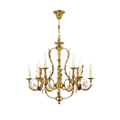 Juliette Ornate 9-Light Chandelier with Candle Effect and Leaf Motif in Brass