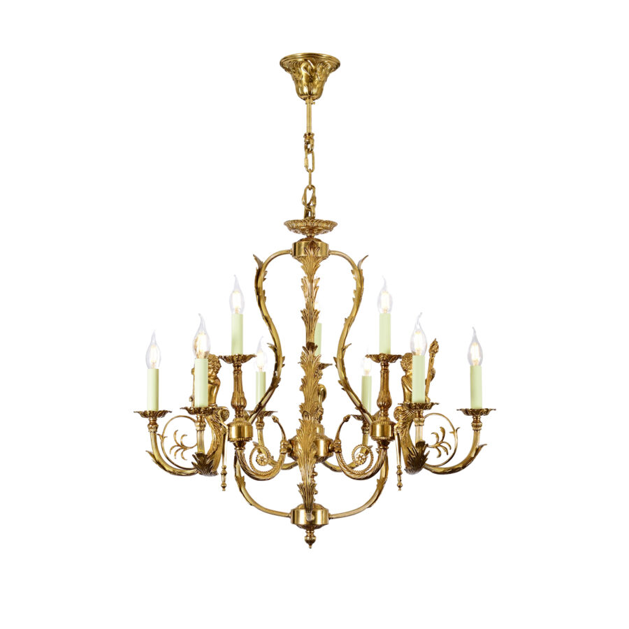 Juliette Ornate 9-Light Chandelier with Candle Effect and Leaf Motif in Brass