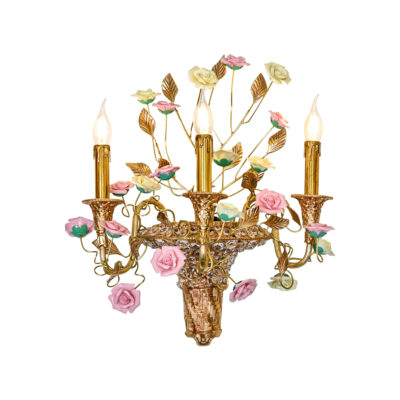 Lucienne Elegance 3-Light Wall Lamp in Brass with Colourful Ceramic Flowers