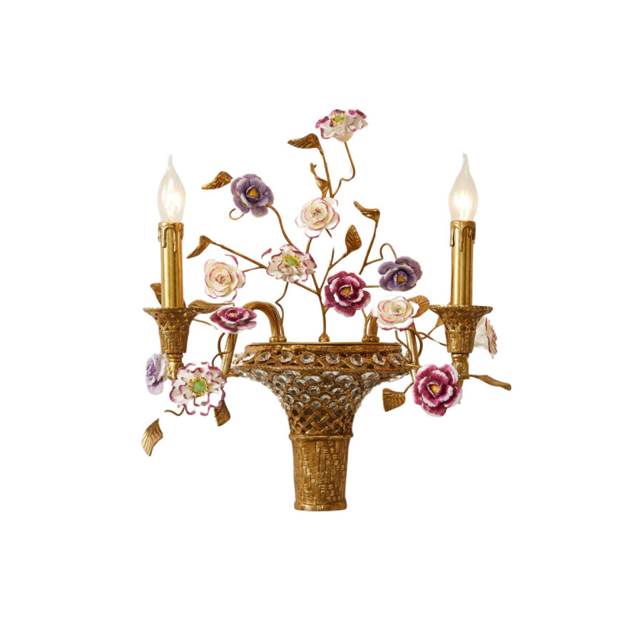 Lucienne Exquisite Double Wall Lamp with Colourful Flowers and Patina Brass Petals