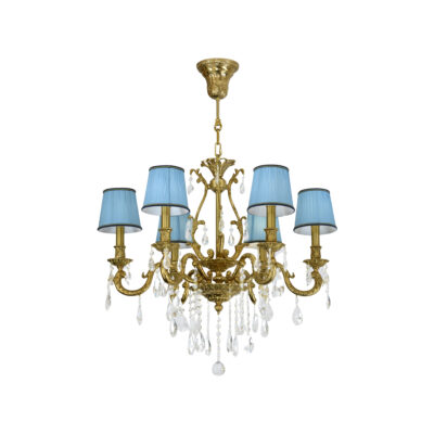 Ludovica Elegant 6-Light Chandelier with Crystal Tear Drops and Blue Shades in Brass