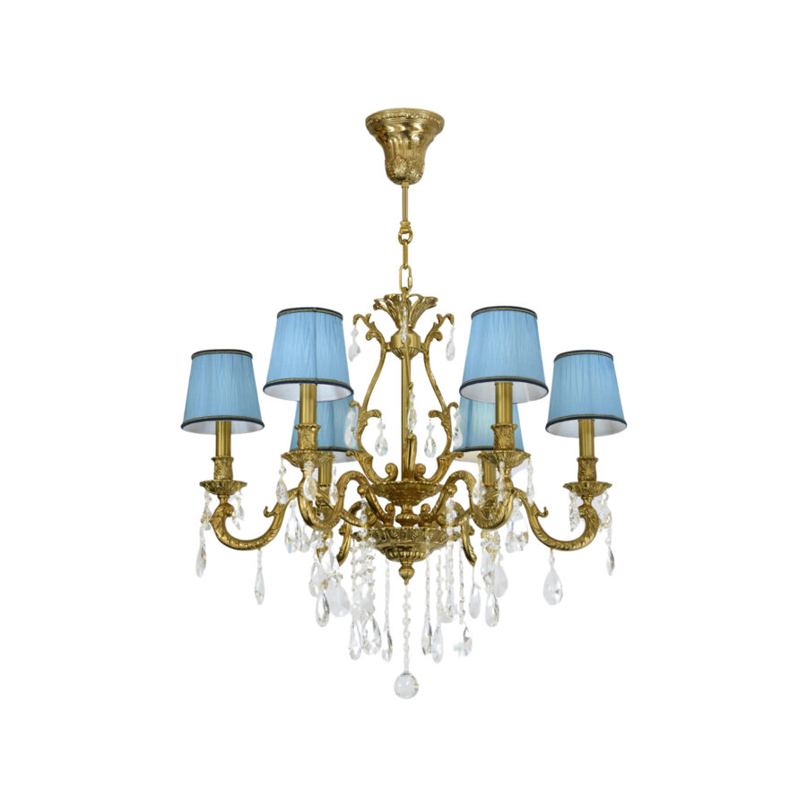 Ludovica Elegant 6-Light Chandelier with Crystal Tear Drops and Blue Shades in Brass