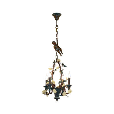 Marguerite Classic 4-Light Pendant with Child Figure in Brass and Ceramics Flower with Bronze Patina