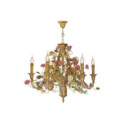 Marguerite Elegant 7-Light Chandelier in Brass with Pink Ceramic Flowers and Leaves