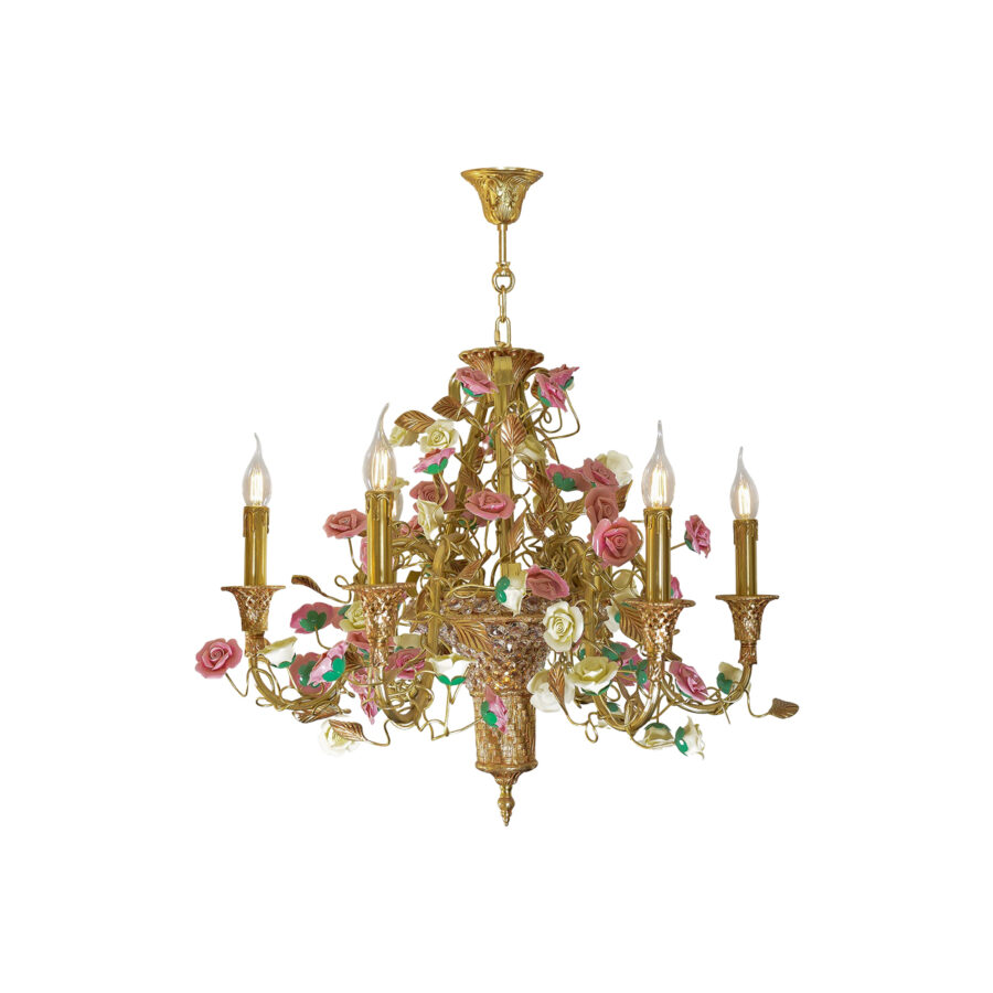 Marguerite Elegant 7-Light Chandelier in Brass with Pink Ceramic Flowers and Leaves