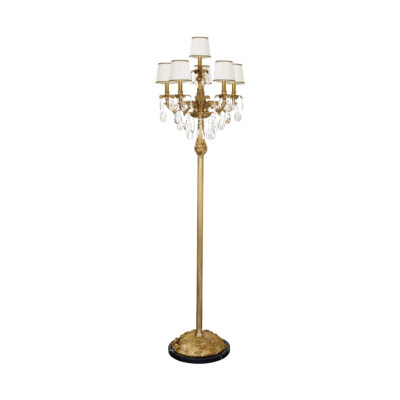 Marianne Elegant Six-Light Floor Lamp in Brass with Crystal Teardrops and White Cloth Shades