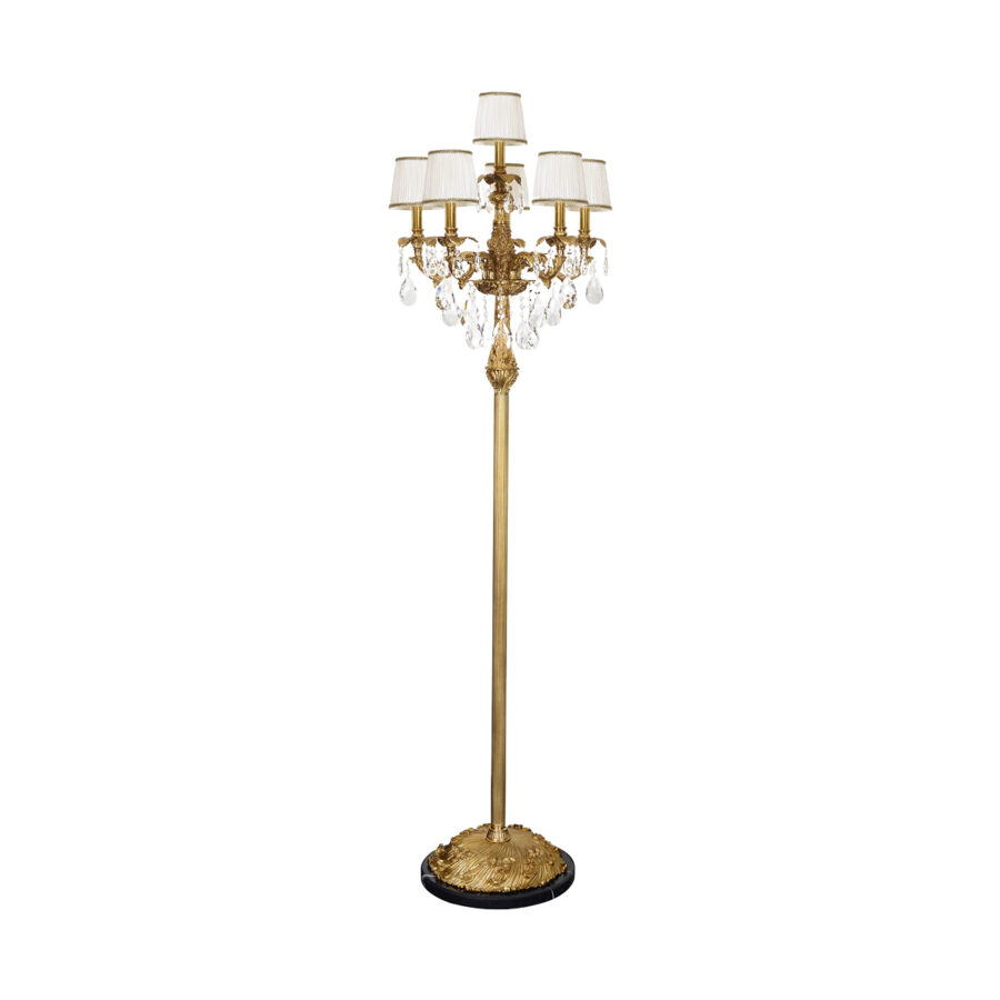 Marianne Elegant Six-Light Floor Lamp in Brass with Crystal Teardrops and White Cloth Shades