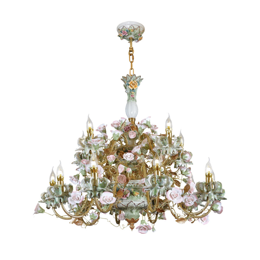 Matilde Grand 15-Light Chandelier in Brass with Pale Green and Pink Ceramic Flowers