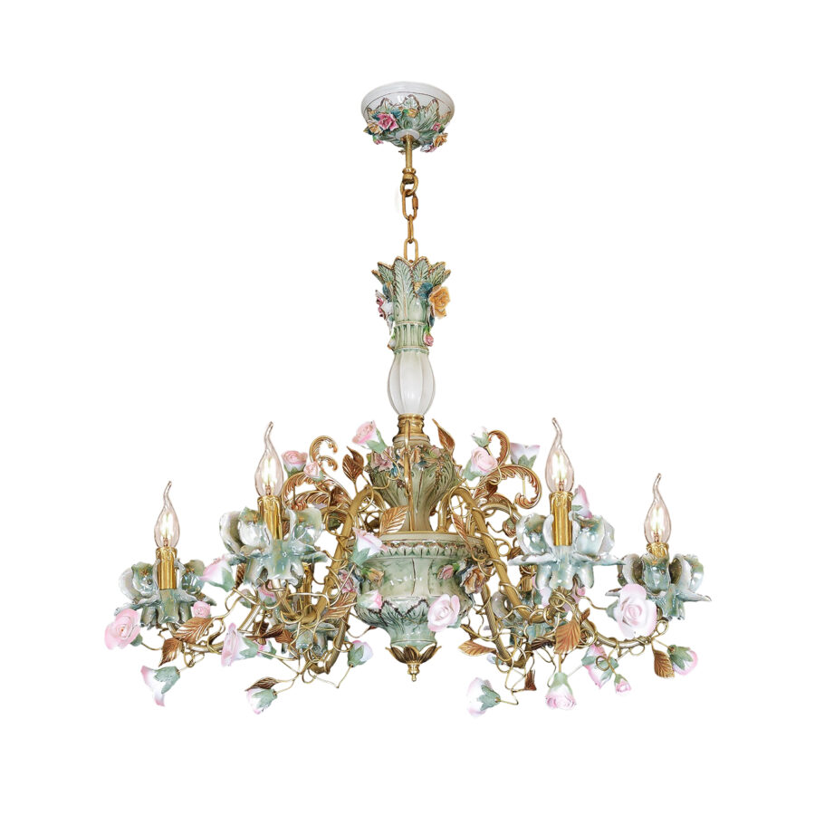 Matilde Floral Elegance 6-Light Chandelier in Pale Green and Pink Ceramic Flowers and Brass