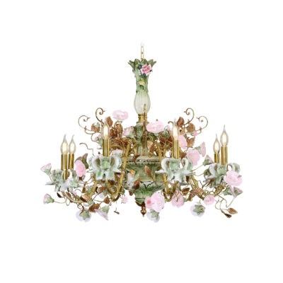 Matilde Floral Elegance 8-Light Chandelier in Pale Green and Pink Ceramic Flowers and Brass