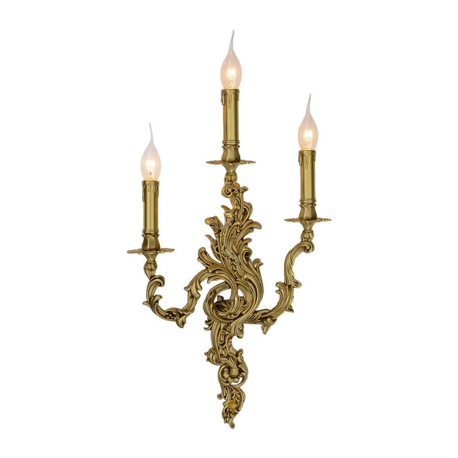 Monique Ornate Scroll Pattern 3-Light Wall Lamp in Brass with Candle Effect