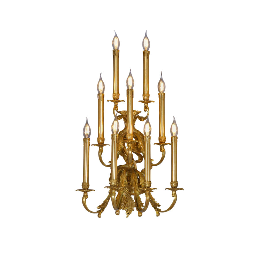 Monique Scroll Pattern 9-Light Wall Lamp in Brass Candle Effect with Brass Arms