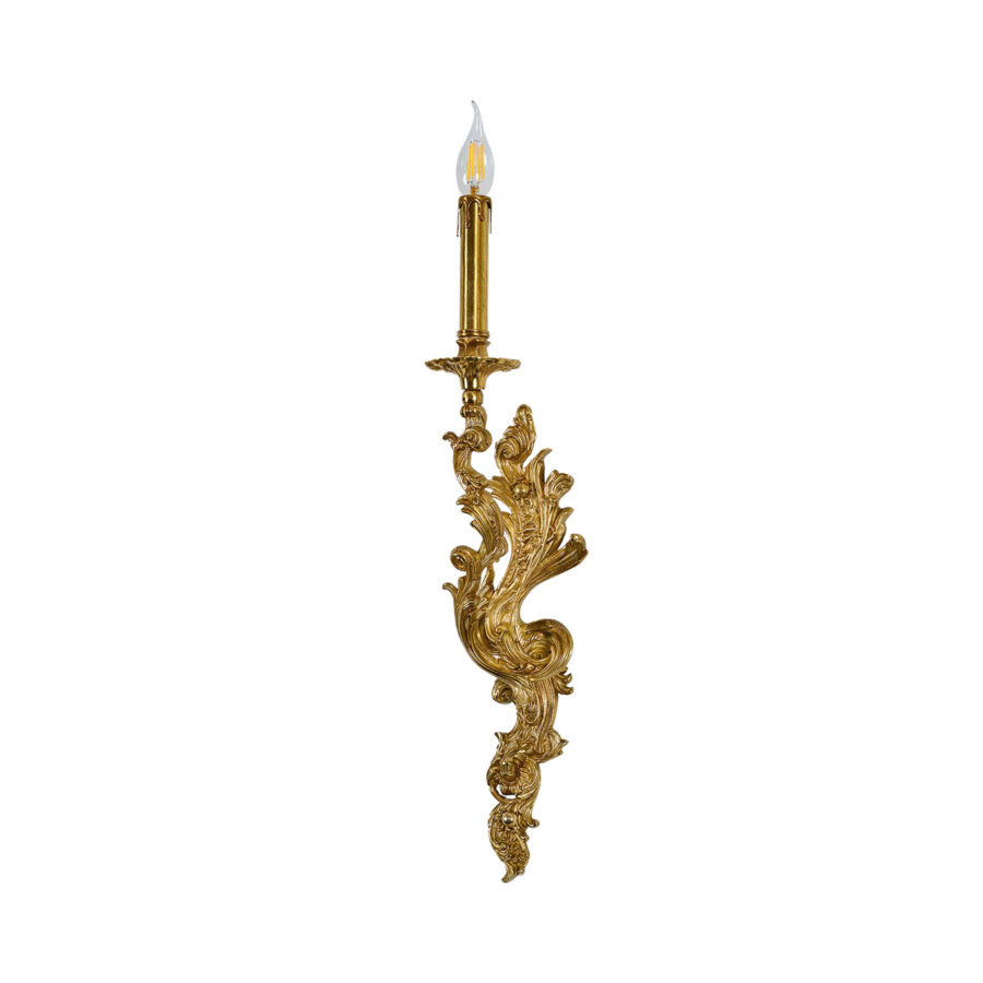 Monique Ornate Scroll Pattern 1-Light Wall Lamp with Candle Effect and Brass Arm in Luxurious Brass