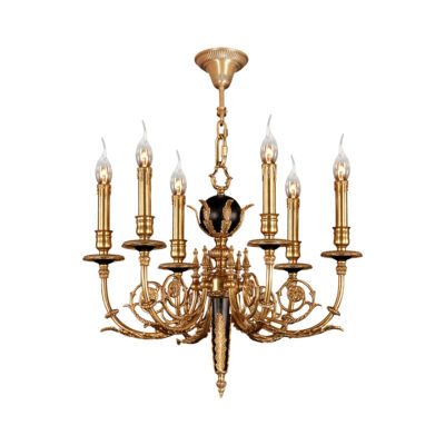 Odile Classic 6-Light Chandelier in Brass with Black Detail and Brass Arms