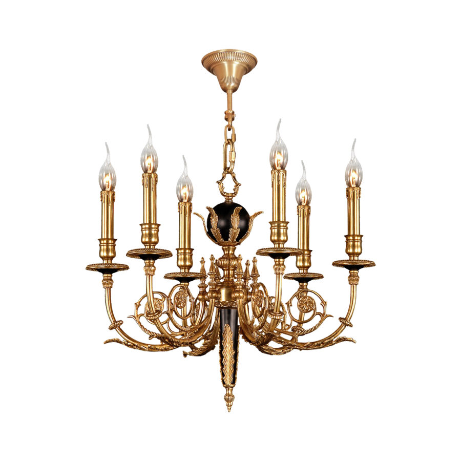 Odile Classic 6-Light Chandelier in Brass with Black Detail and Brass Arms