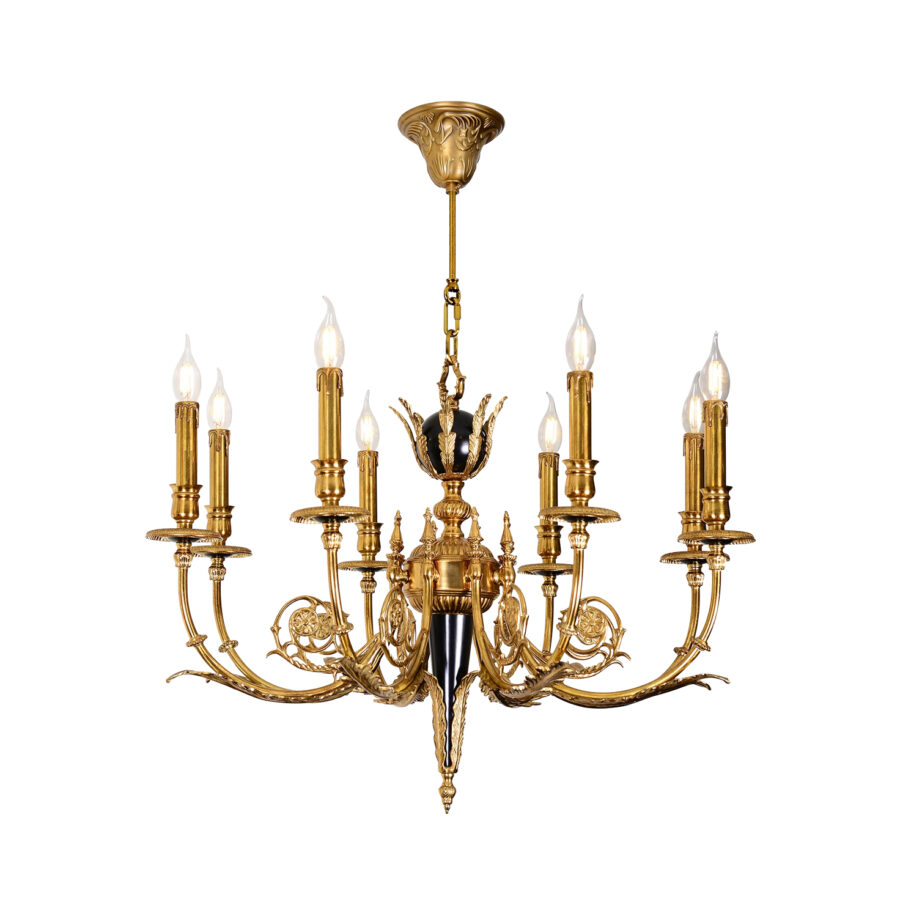 Odile Elegant 8-Light Chandelier in Brass with Black Detail and Grilled Paint Steel