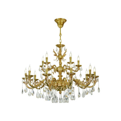 Orietta Ornate 15-Light Chandelier in Brass with Crystal Drops and Scroll Motifs