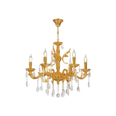 Orietta Ornate 6-Light Chandelier with Crystal Drops and Brass Scroll Motifs