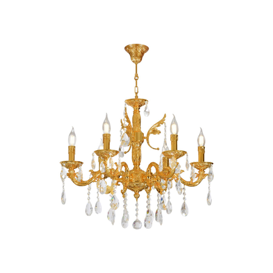 Orietta Ornate 6-Light Chandelier with Crystal Drops and Brass Scroll Motifs