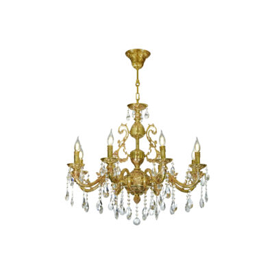 Orietta Scroll Motifs 8-Light Chandelier in Brass and Crystal Drops