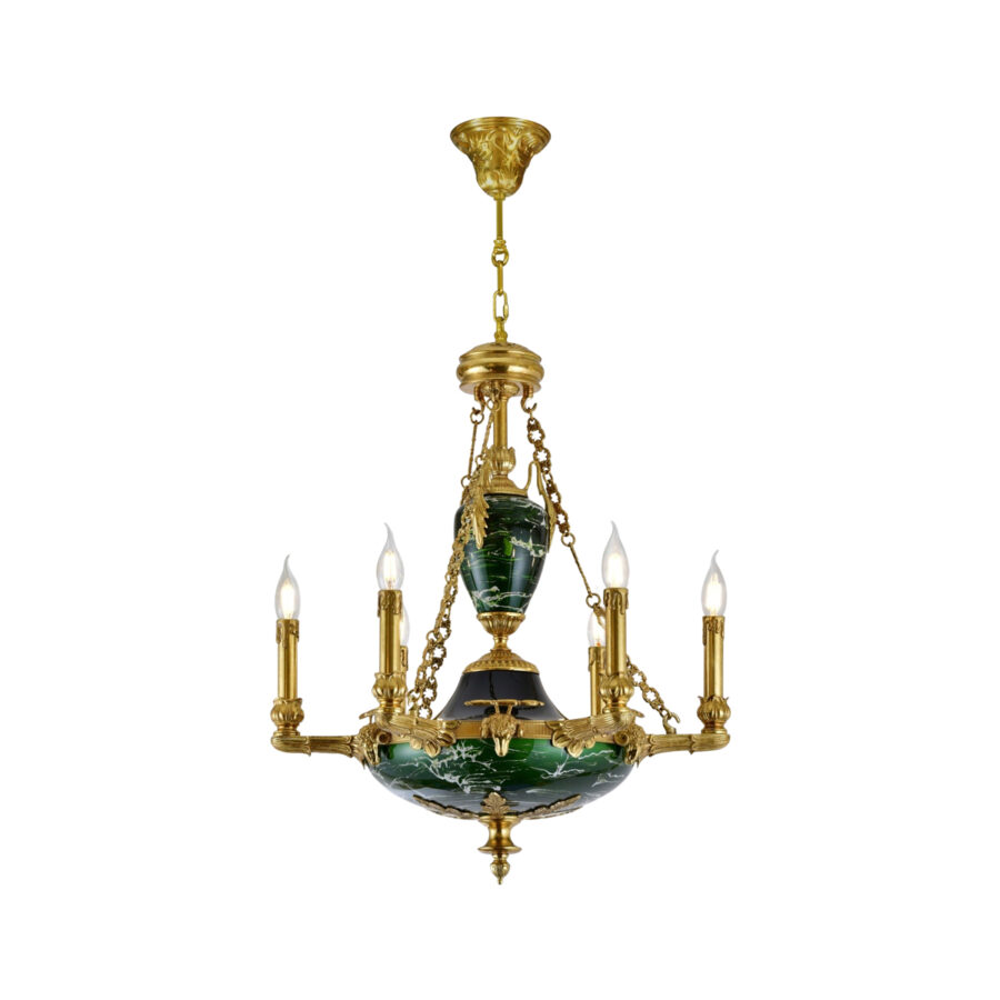 Paolina Classic 6-Light Chandelier in Brass with Green Marbled Central Bowl and Brass Chain