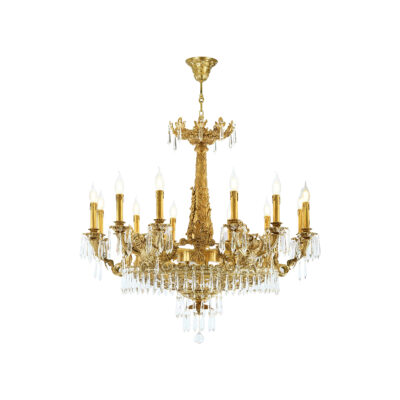 Raffaella Ornate Flair 15-Light Chandelier in Brass with Crystal Drops and Glass Central Bulbs