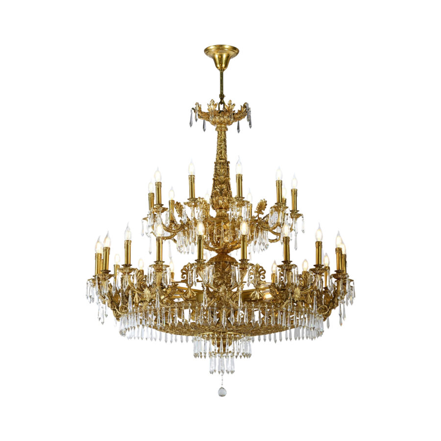 Raffaella Grand Two-Tier 39-Light Chandelier in Brass and Crystal Drops with Ornate Flairs