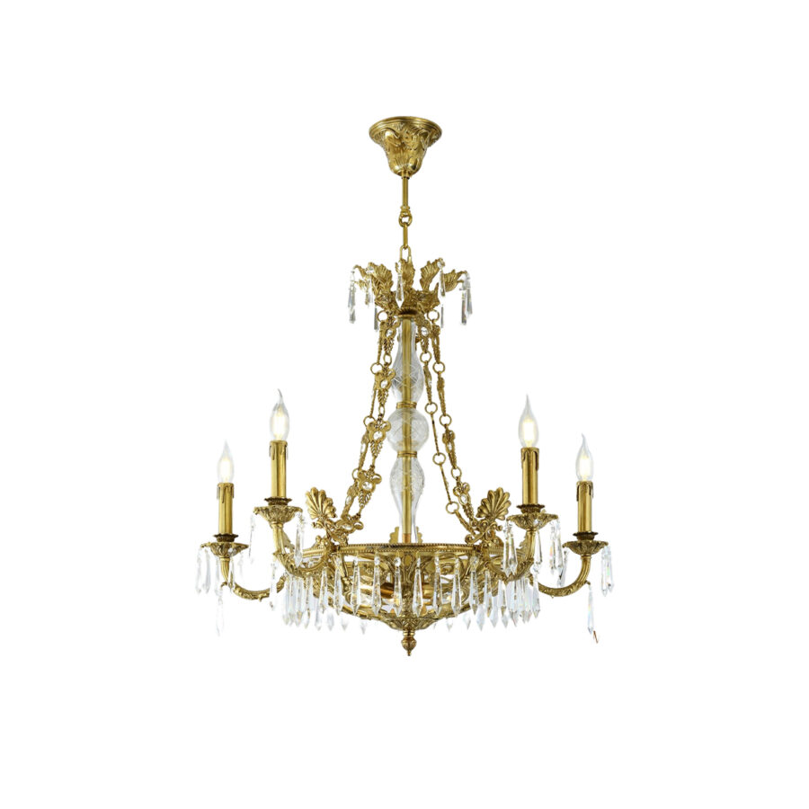 Raffaella Ornate 8-Light Chandelier with Crystal Drops and Brass Chains