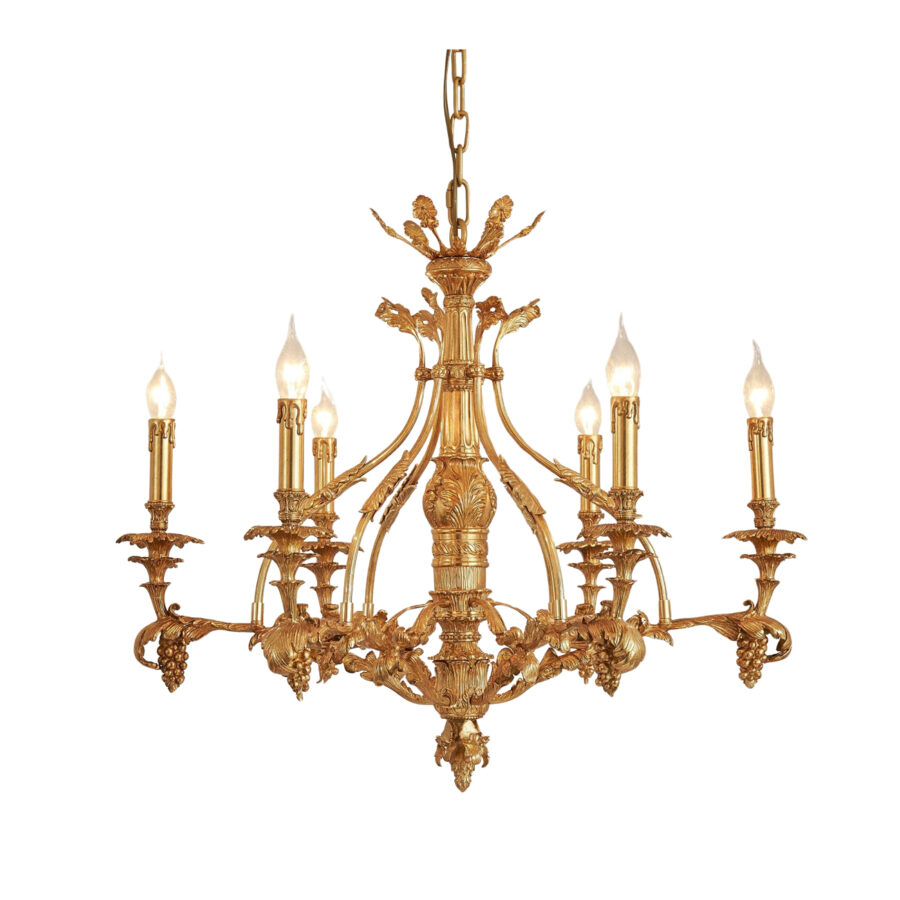 Renée Ornate Grape Vine Motif 6-Light Chandelier in Brass with Candle Effect