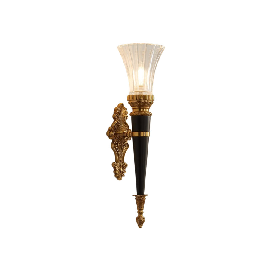 Rosalinda Antique Black Torch Wall Lamp with Brass Detailing and Glass Shade