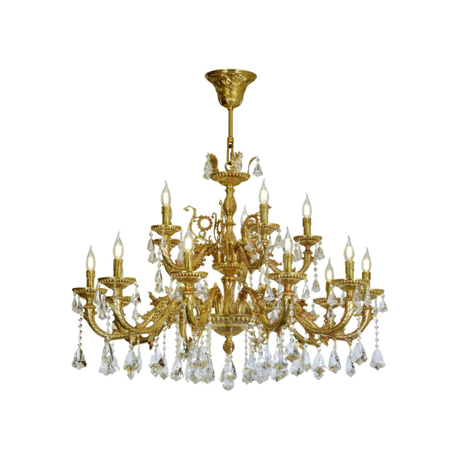 Sabella Ornate Design 15-Light Chandelier in Brass with Crystal Drops and Candle Effect