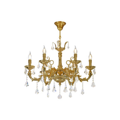 **Sabella Ornate Design 6-Light Chandelier in Brass with Crystal Drops**