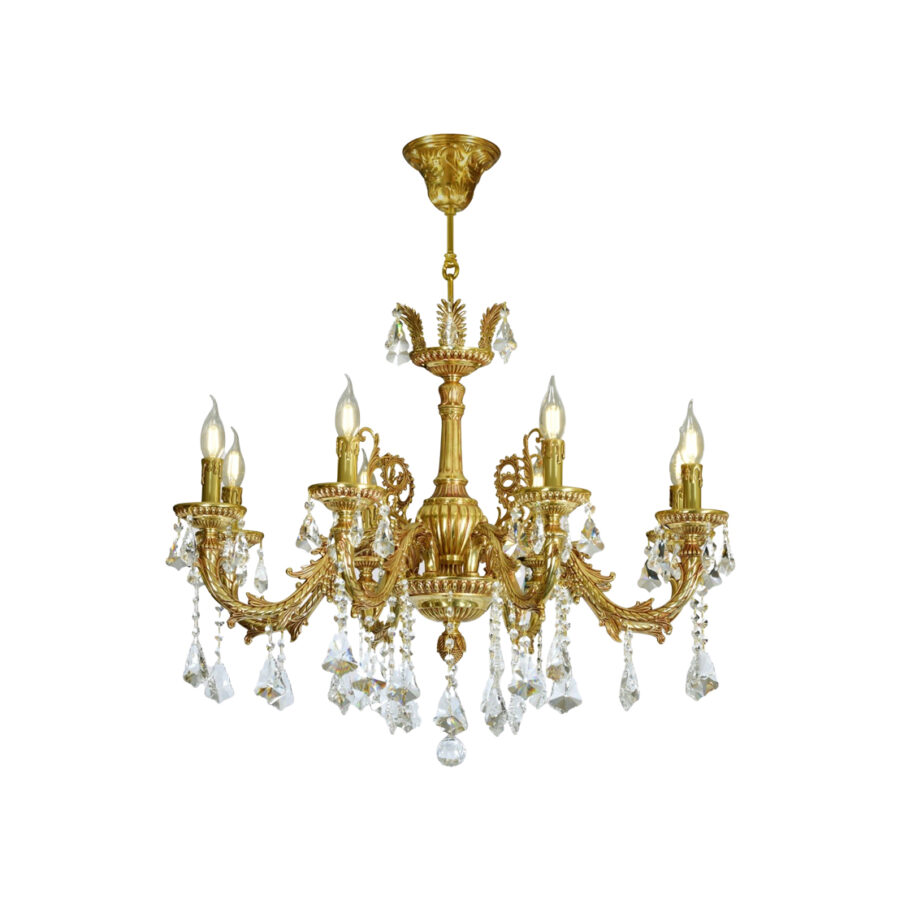 Sabella Ornate Design 8-Light Chandelier in Brass with Crystal Drops and Candle Effect