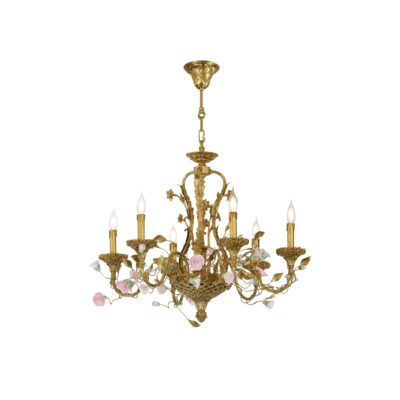 Sabine Classic 6-Light Chandelier in Brass Weave with Pink Ceramic Flowers