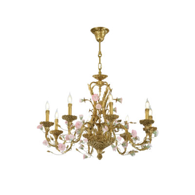 Sabine Ornate Eight-Light Chandelier in Brass Weave with Pink Ceramic Flowers