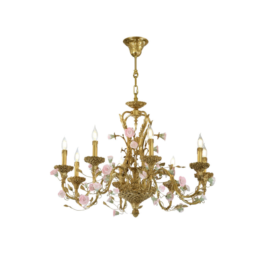 Sabine Ornate Eight-Light Chandelier in Brass Weave with Pink Ceramic Flowers